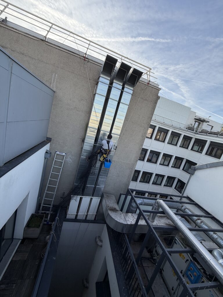 Pose anti pigeon et nettoyage , immeuble Paris, avec un cordiste