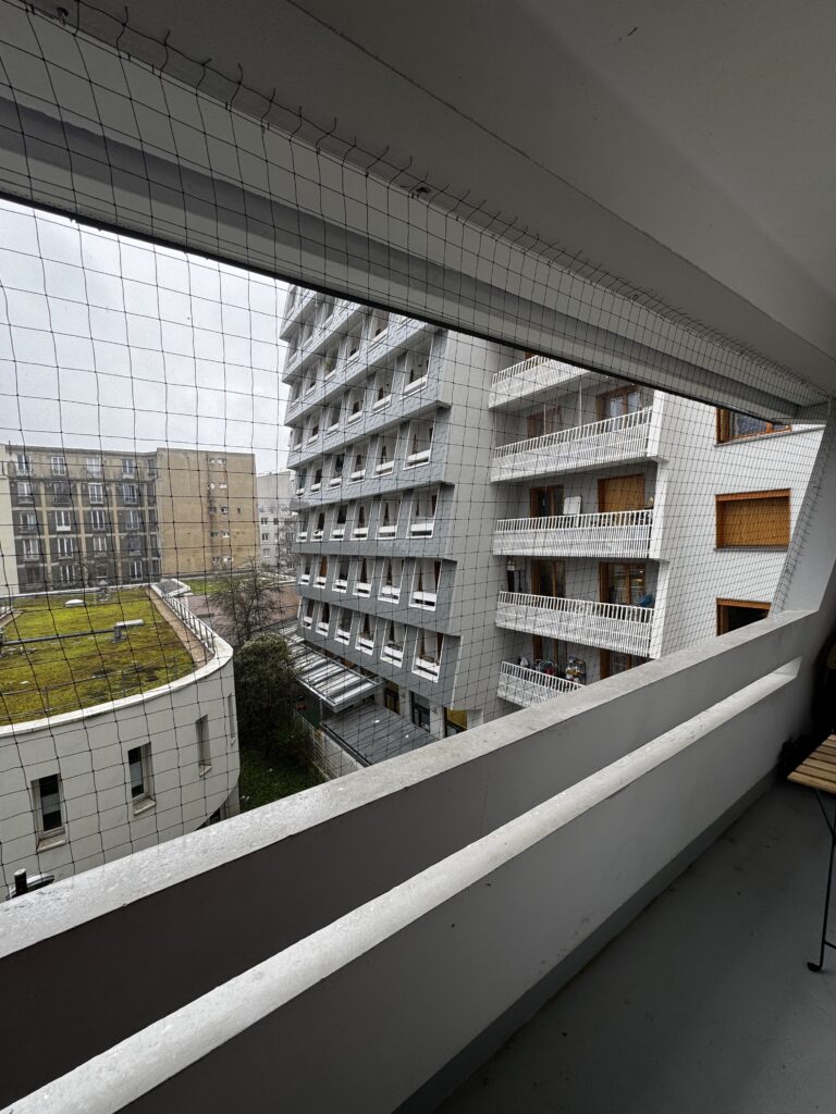 Pose de filet anti pigeons - balcon avec nettoyage et désinfection au sol  - immeuble situé à Paris 